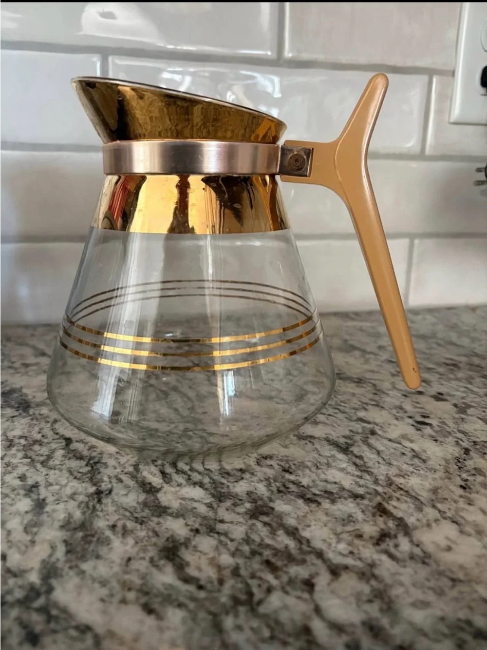 Gold-Trim Glass Coffee Carafe with Beige Handle Retro